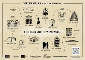 map showing illustrations of Newcastle landmarks